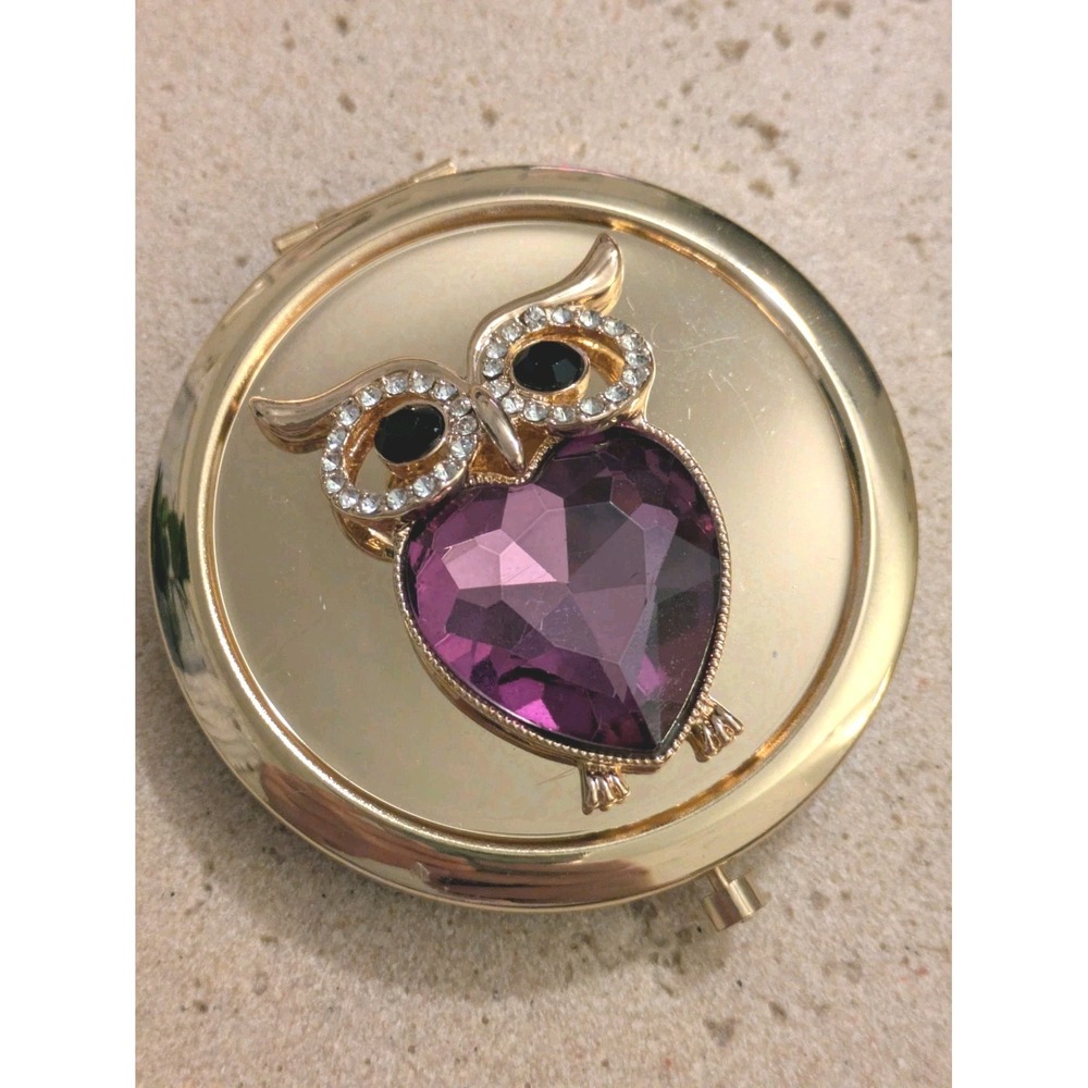 Gold Tone Round Mirror Compact‎ Owl Rhinestones Purple Heart Cabochon Glossy 3in